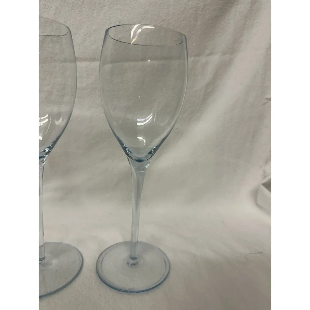 Hand Blown Light Pale Sky Blue Wine Glasses 10 oz Set Of 3 Clear Stem 9.25